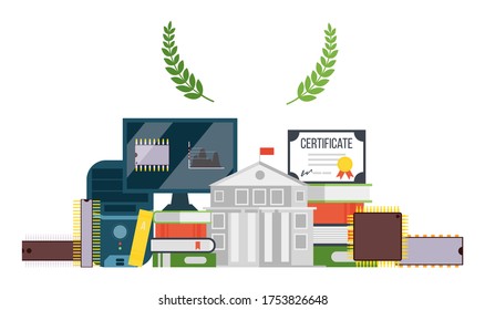 Microchip creation training, university certificate vector illustration. Obtaining multifaceted information about computer, integrate circuit, processor devices. Hardback book near computer processor.