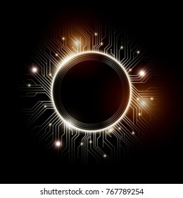 Microchip designs, CPU. Information communication technology elements with sparkles, blue luminescent circuit boards in the shape of circle, vector illustration