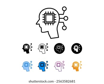 Microchip embedded in a human head ,icon  with 9 different styles, line, glyp, flat, gradient etc.deal for technology, cybernetics, artificial intelligence, and futuristic concepts. isolated on white 