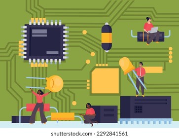 Microchip flat composition with tiny people holding electronic components on circuit board background vector illustration