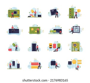 Microchip flat icons set with semiconductor microprocessor motherboard and tiny human characters isolated vector illustration