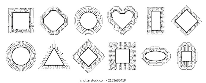 Microchip frame. Electronic chip, CPU border and digital circuit line board. Computer processors vector set. Micro scheme of different shapes as circle, square, heart, rectangle and triangle