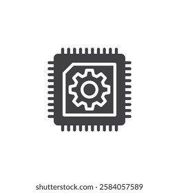 A microchip with a gear inside vector icon. filled flat sign for mobile concept and web design. Embedded Systems glyph icon. Hardware programming symbol, logo illustration. Vector graphics