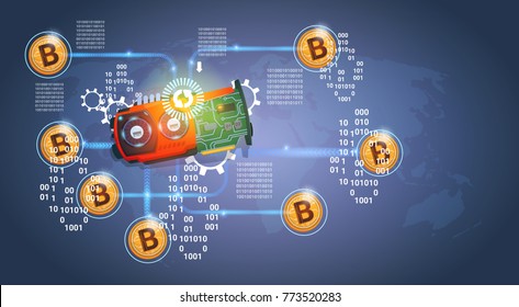 Microchip With Golden Bitcoins Digital Crypto Currency Modern Web Money Over Dark Blue Background Vector Illustration
