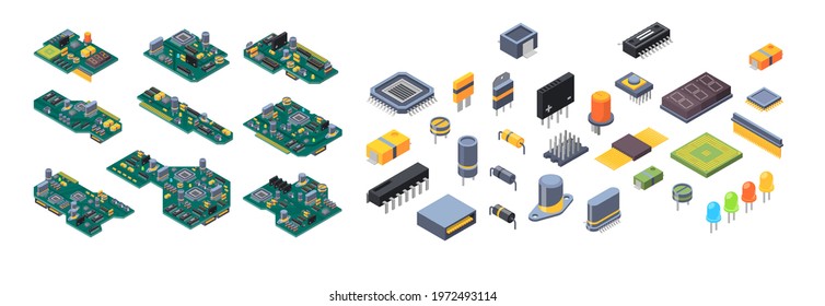 Microchip hardware. Manufacturing computer power green motherboards with small chip for electronic devices garish vector isometric illustrations