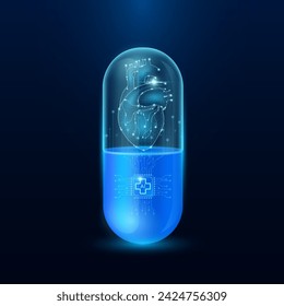 Microchip heart interface in capsule blue luminous. Smart digital pills in health care alternative. Medicine futuristic. Pharmaceutical and scientific medical technology concept. Vector EPS10.