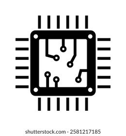 Microchip icon with circuit board connections representing computer technology, digital processing, artificial intelligence, semiconductor industry, and electronic hardware for data processing.