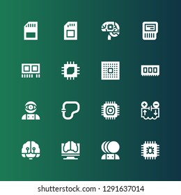 microchip icon set. Collection of 16 filled microchip icons included Cpu, Artificial intelligence, Electrical circuit, Circuit, Ram, Sd card, Sd