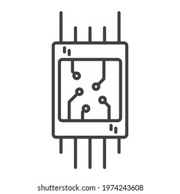 Microchip icon. A simple line drawing of a general view of any electronics board. Brackets for soldering on both sides. Isolated vector on pure white background.
