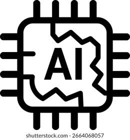 Um ícone de microchip com texto "IA" e um contorno interno irregular, representando processamento de inteligência artificial dinâmico e poderoso. redesenhado do conceito de Ai com traçado vetorial manual.