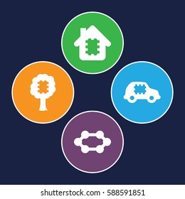 microchip icons set. Set of 4 microchip filled icons such as CPU in house, CPU in car, CPU in tree