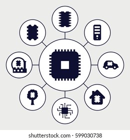 microchip icons set. Set of 9 microchip filled icons such as CPU, CPU in house, CPU in car