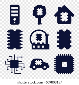 Microchip icons set. set of 9 microchip filled icons such as CPU, CPU in house, CPU in car