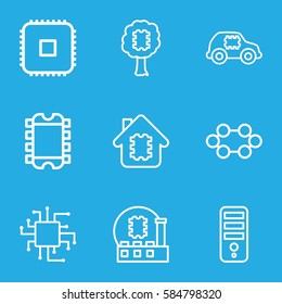 microchip icons set. Set of 9 microchip outline icons such as CPU, CPU in house, CPU in car