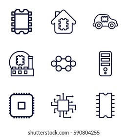 microchip icons set. Set of 9 microchip outline icons such as CPU, CPU in house