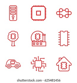 Microchip icons set. set of 9 microchip outline icons such as CPU, CPU in house, CPU in car