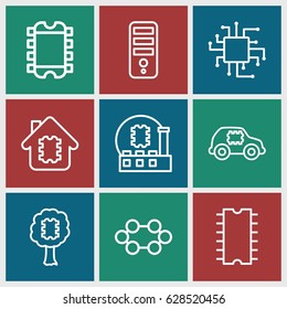 Microchip icons set. set of 9 microchip outline icons such as CPU, CPU in house, CPU in car