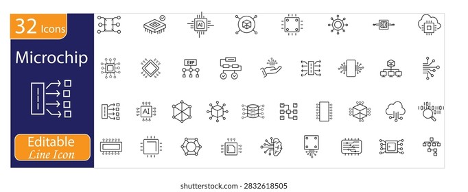 Microchip icons set. Includes computer chips, processors, semiconductors, integrated circuits, electronic components, AI chips, digital technology, and circuit boards symbols. Editable stroke. Line icons.
