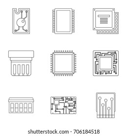 Microchip icons set. Outline style set of 9 microchip vector icons for web design