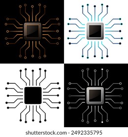 Conjunto de iconos de microchip. Silueta aislada sobre fondo blanco y negro. Vector gráfico.
