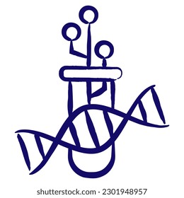 Microchip inside the flask with DNA. Simple contour vector icon of the science, biotech, Ai Neural Network, etc, hand-drawn with blue brush. Minimal monochrome linear pictogram isolated on transparent