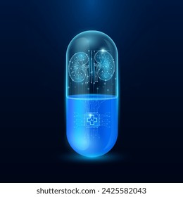 Microchip kidney interface in capsule blue luminous. Smart digital pills in health care alternative. Medicine futuristic. Pharmaceutical and scientific medical technology concept. Vector EPS10.