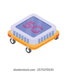 A microchip labeled 5G on wheels, symbolizing mobile networks