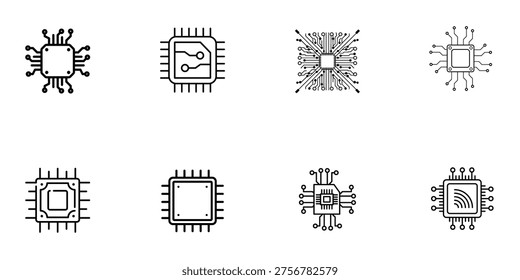  microchip line art and outline Icon set