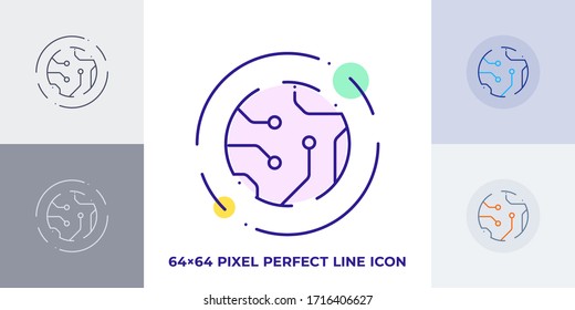 Microchip line art vector icon. Hardware tech outline creative design. Thin stroke symbol of computer motherboard. Electrical engineering circuit badge. Isolated graphic art of processor chip.