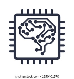 Microchip line icon with brain. Processor, central processing unit, computer processor, chip symbol in a circle. Abstract technology logo. Simple round icon isolated on white background. Creative mode