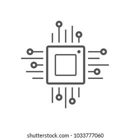 Microchip line icon. CPU, Central processing unit, computer processor, chip symbol in circle. Abstract technology logo. Simple round icon isolated on black background. Creative modern vector logo