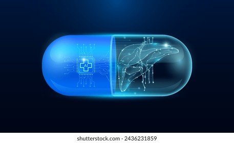 Microchip liver interface in capsule blue luminous. Smart digital pills in health care alternative. Medicine futuristic. Pharmaceutical and scientific medical technology concept. Vector EPS10.