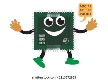 Mascota de microchip que habla números binarios. Imágenes prediseñadas editables