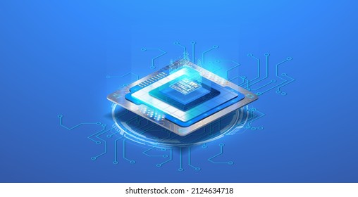 Microchip or microprocessor, hardware engineering. Futuristic microchip processor with lights on the blue background. Quantum computer, large data processing, database concept. Future technology