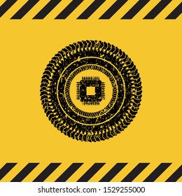 microchip, microprocessor icon black grunge emblem with yellow background. Vector Illustration. Detailed.