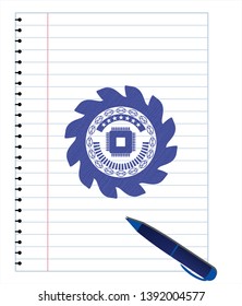 microchip, microprocessor icon draw with pen effect. Blue ink. Vector Illustration. Detailed.