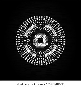 microchip, microprocessor icon drawn chalk emblem, retro style, chalk or chalkboard texture