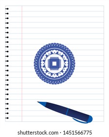 microchip, microprocessor icon emblem with pen effect. Blue ink. Vector Illustration. Detailed.