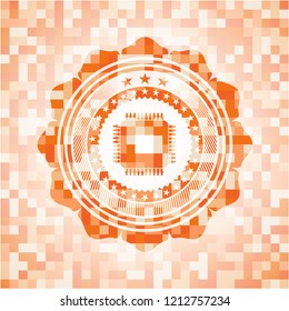 microchip, microprocessor icon inside abstract emblem, orange mosaic background
