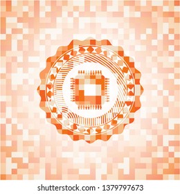 microchip, microprocessor icon inside abstract emblem, orange mosaic background