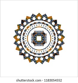 microchip, microprocessor icon inside arabesque badge background. arabic decoration.