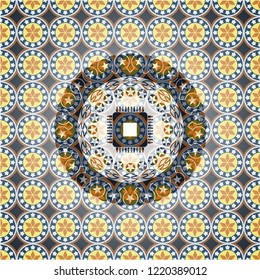 microchip, microprocessor icon inside arabesque emblem. arabic decoration.