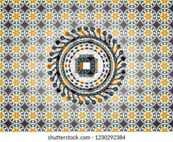 microchip, microprocessor icon inside arabesque emblem background. arabic decoration.