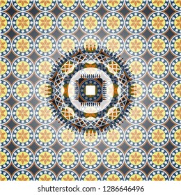 microchip, microprocessor icon inside arabesque emblem background. arabic decoration.