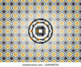 microchip, microprocessor icon inside arabesque badge. arabic decoration.