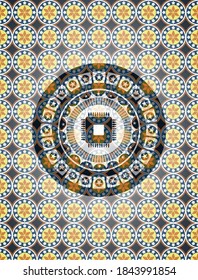 microchip, microprocessor icon inside arabesque emblem. arabic decoration. 