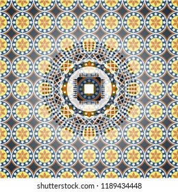 microchip, microprocessor icon inside arabic emblem. Arabesque decoration.