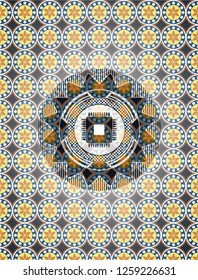 microchip, microprocessor icon inside arabic style emblem. Arabesque decoration.