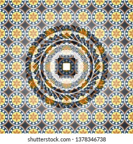 microchip, microprocessor icon inside arabic badge background. Arabesque decoration.