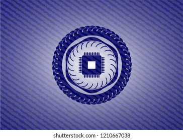 microchip, microprocessor icon inside badge with denim texture